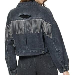 Black Denim Jacket with distressed and diamante fringe back size S